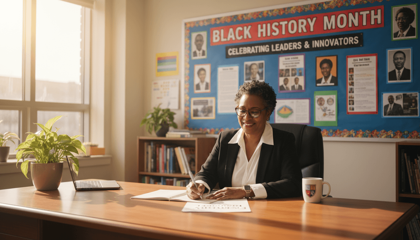 School principal writing February newsletter with Black History Month bulletin board visible