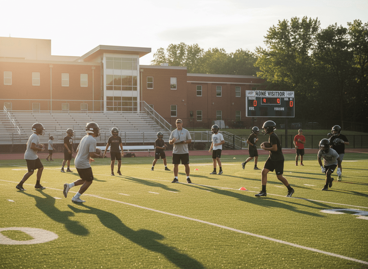 High school football players at a preseason practice on a school athletic field in late August
