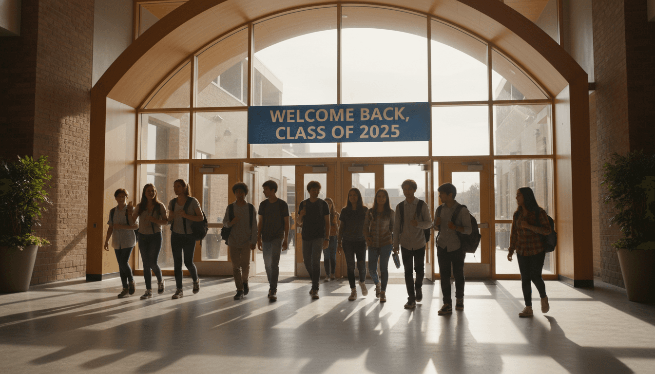 High school students walking through the main entrance on the first day of school with backpacks
