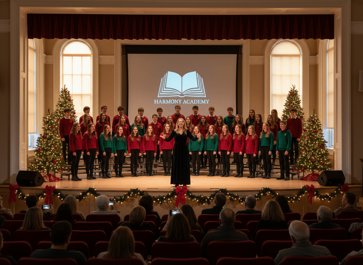 High school choir performing at a winter concert in the school auditorium with holiday decorations
