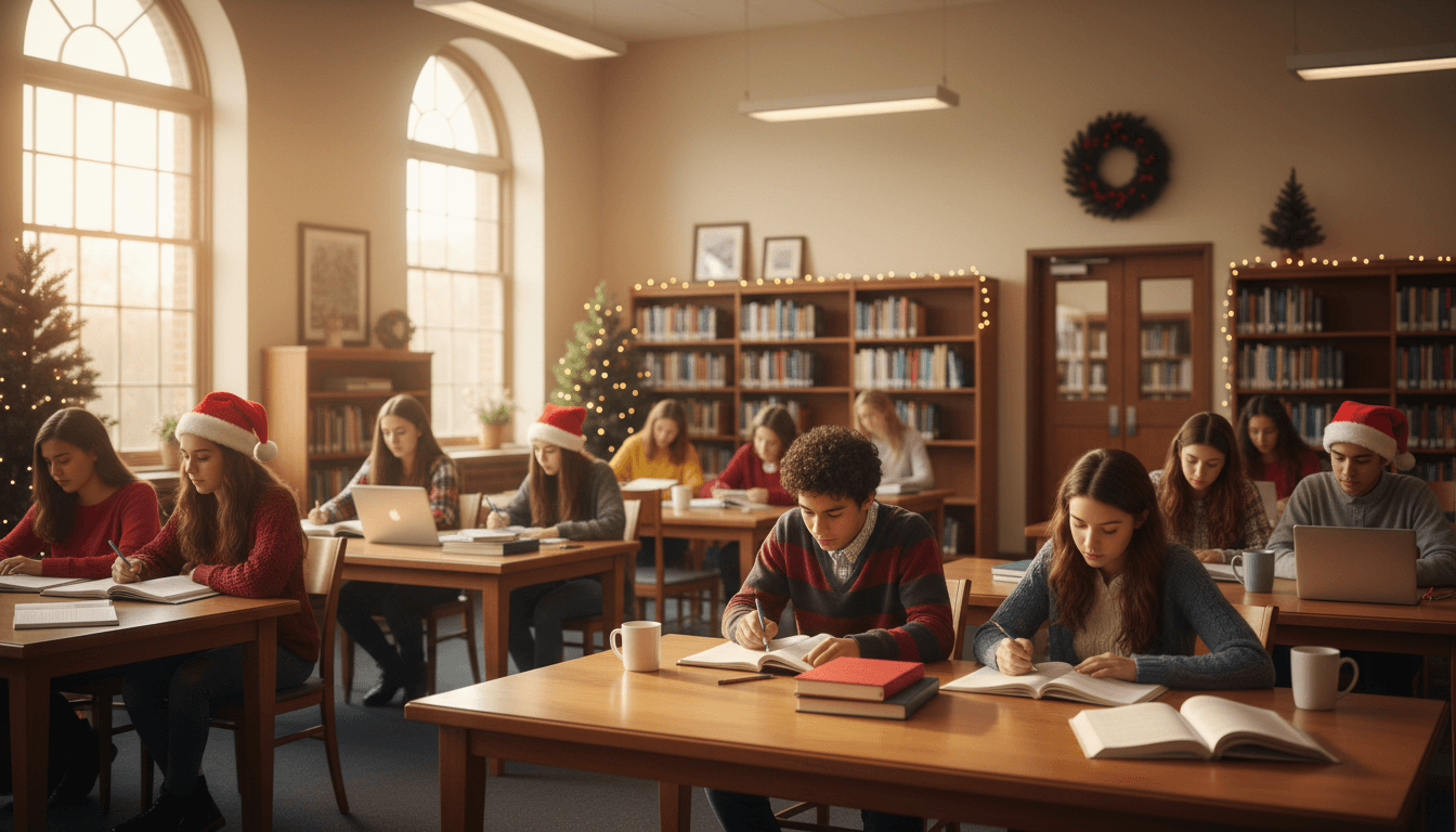 High school students studying for finals in a brightly lit school library in December