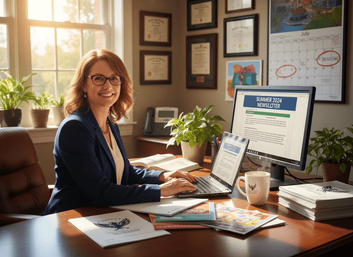 Principal preparing a July summer newsletter for high school families