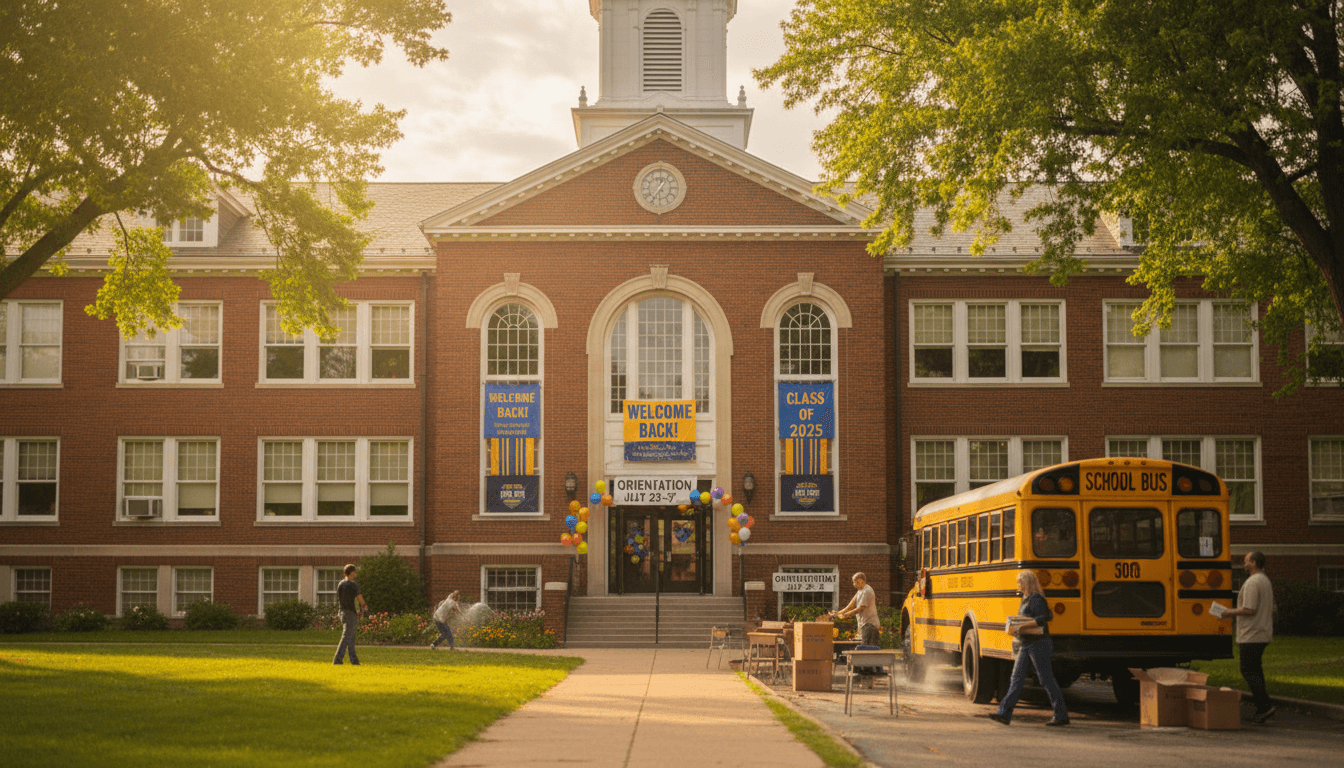 High school building during summer with back to school preparation in July