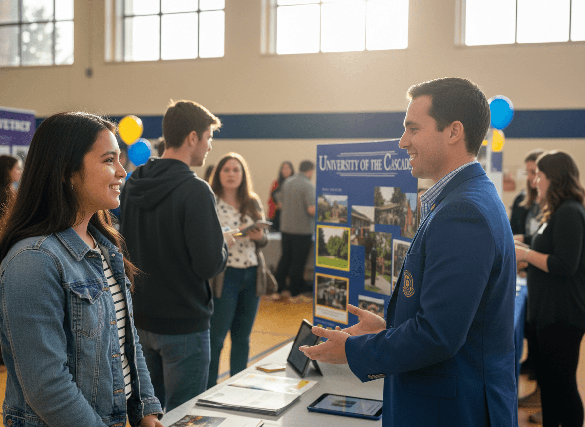 High school student talking with a college admissions representative at a college fair in the school gymnasium