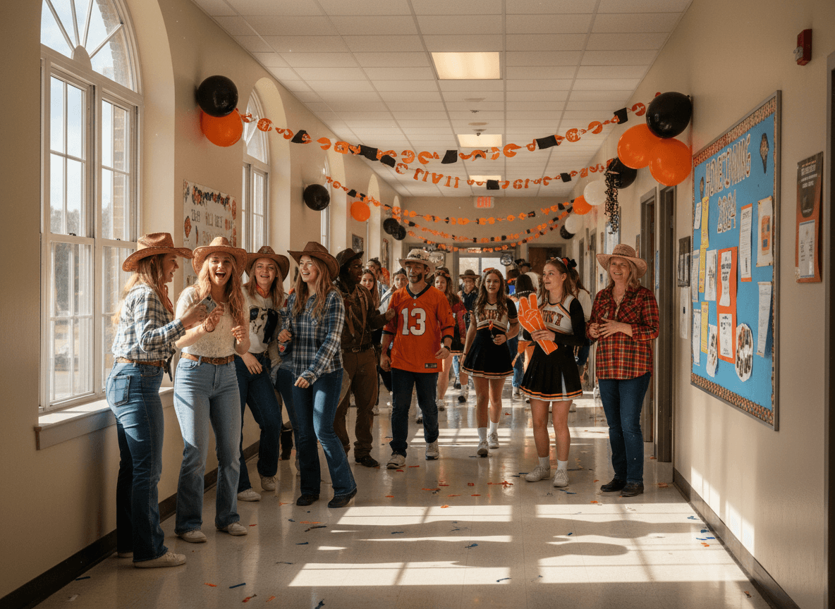 High school students in homecoming spirit week outfits in a decorated school hallway