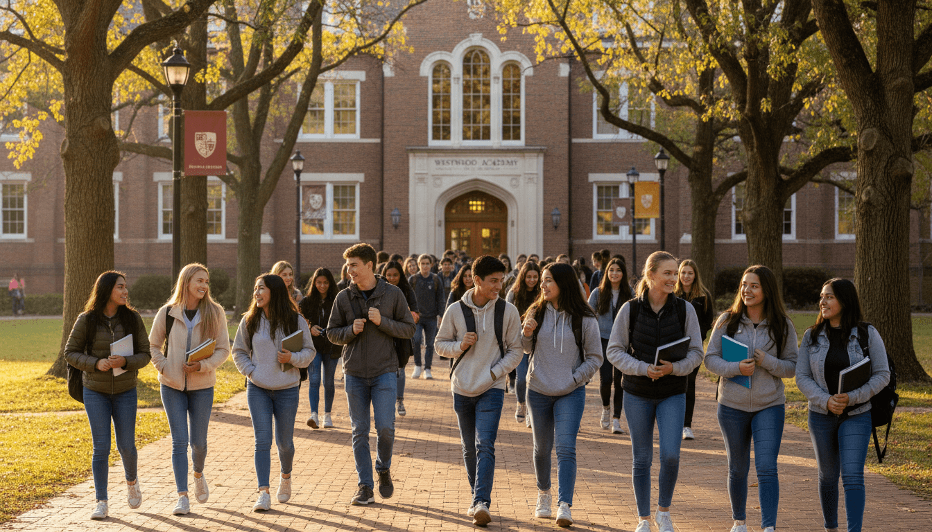 High school students walking to class on a sunny September morning with backpacks