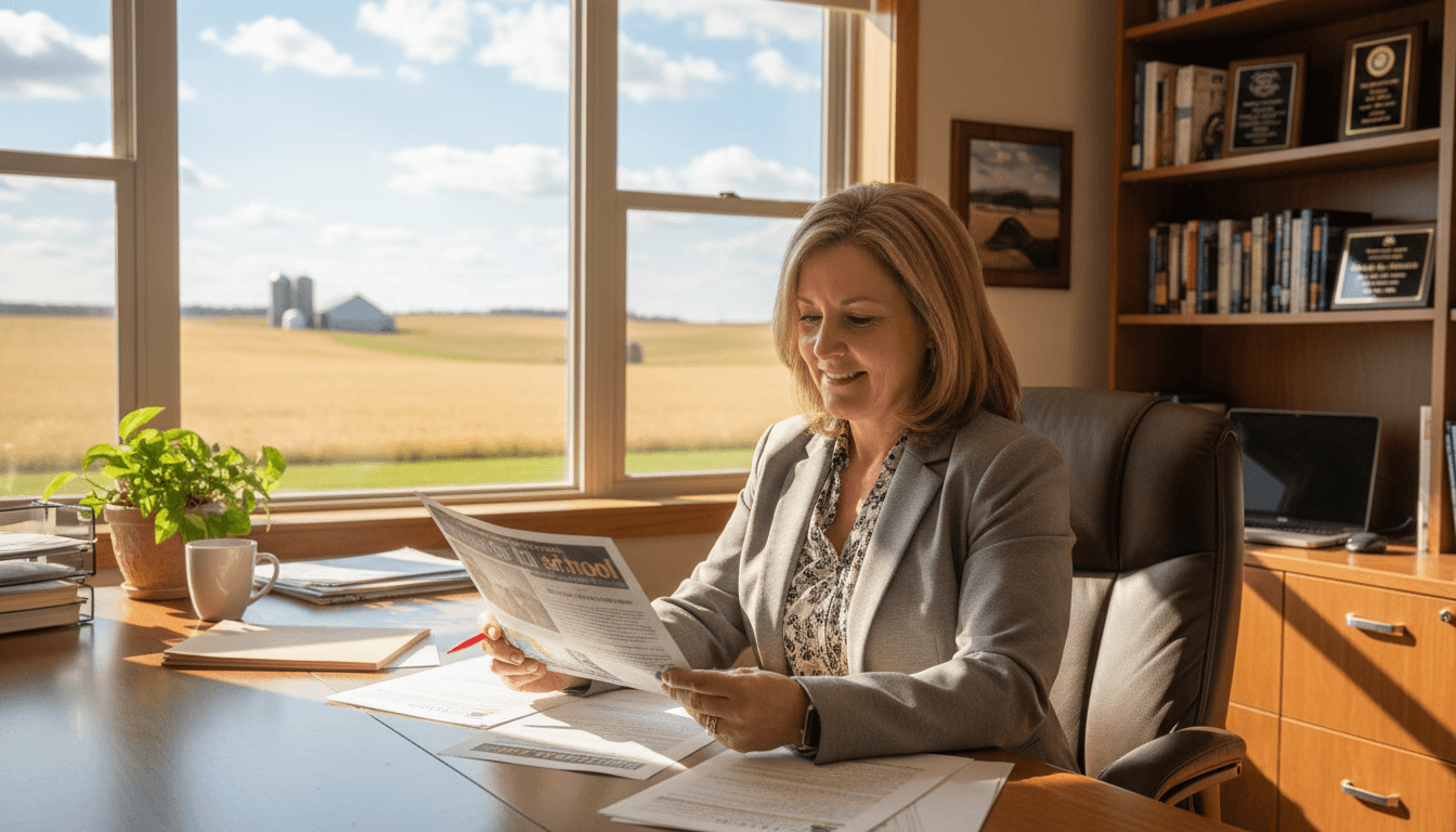 Iowa school principal reviewing newsletter at desk with farmland visible through school office window