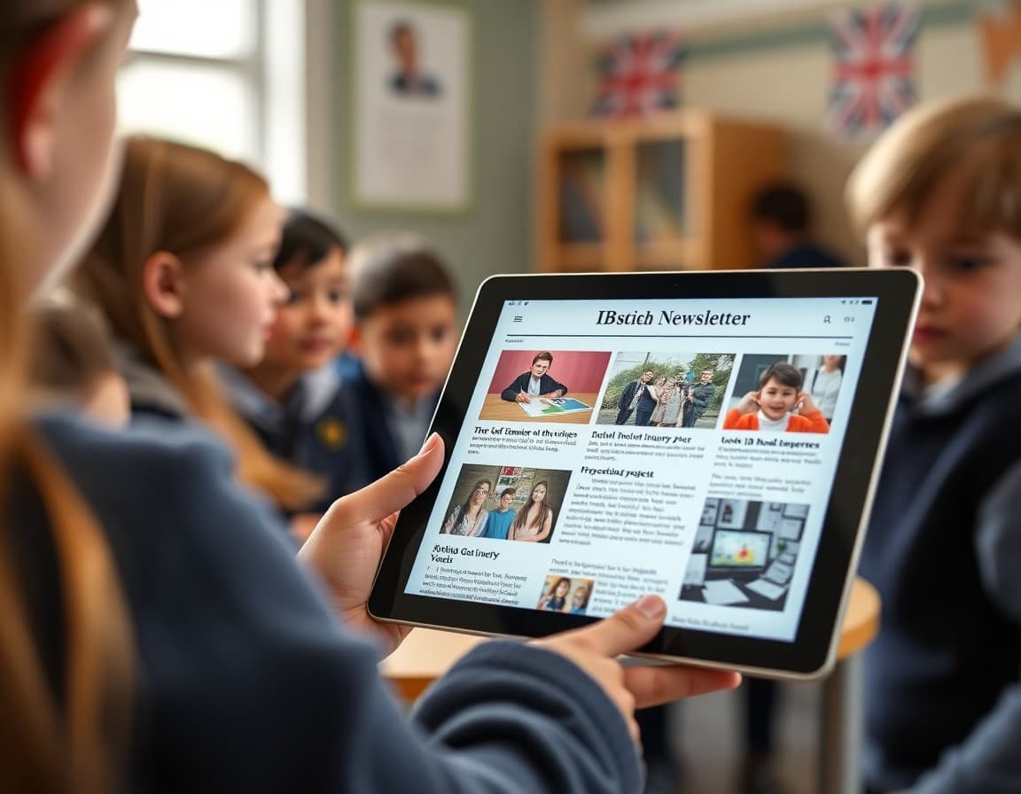 IB school newsletter on a tablet showing IB unit themes and student inquiry projects