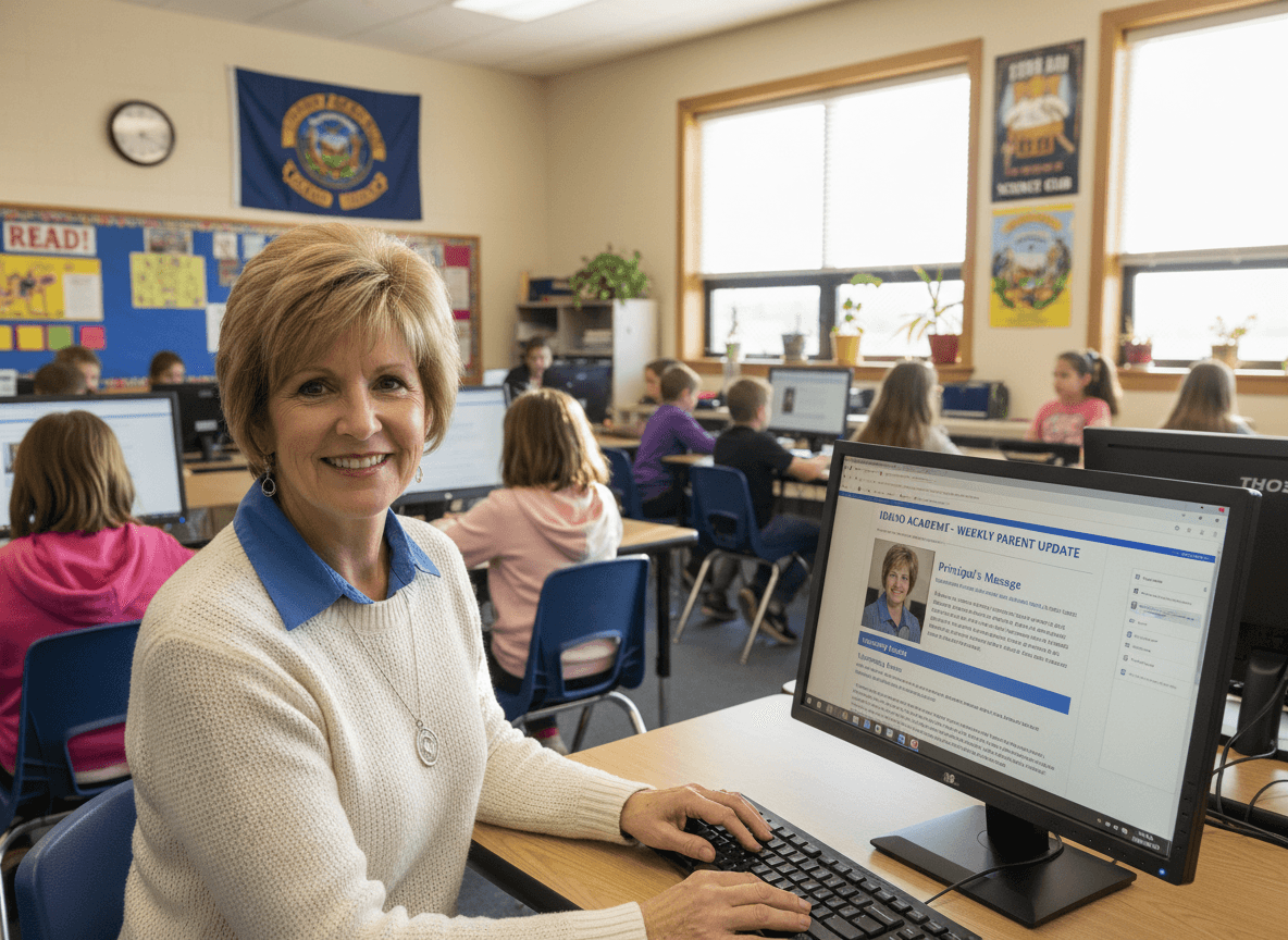 Idaho principal sending parent newsletter update from school computer lab