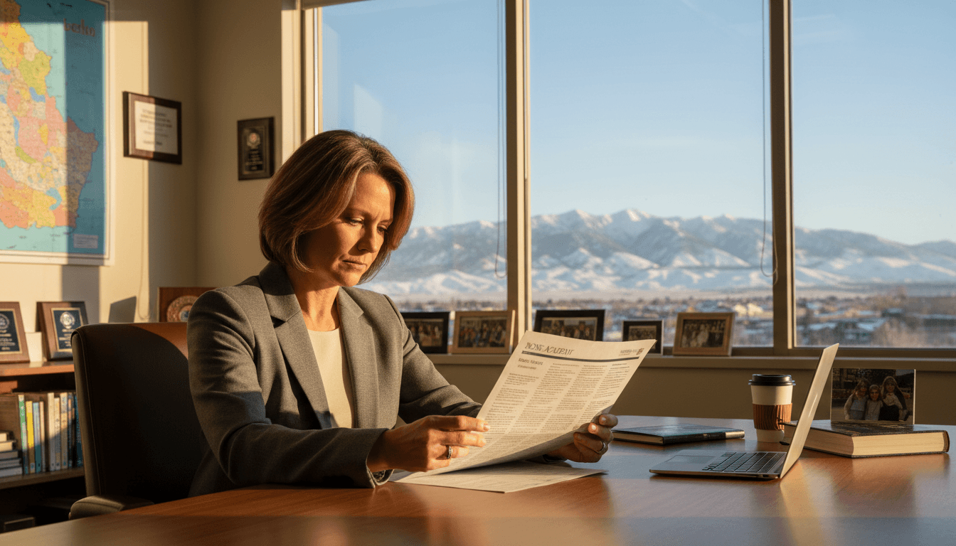 Idaho school principal reviewing newsletter at desk with mountain view through school office window in Boise