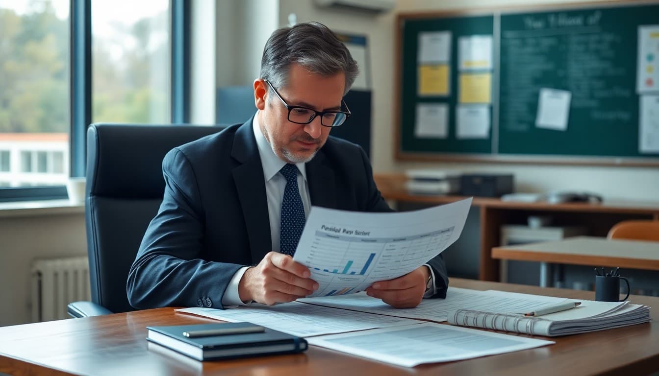 Principal reviewing academic data charts and a draft newsletter on a desk
