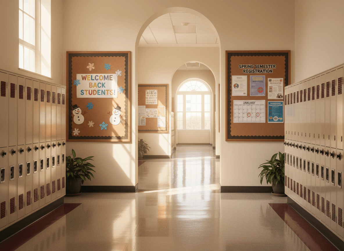Empty school hallway on the first day back in January with lockers and bulletin boards