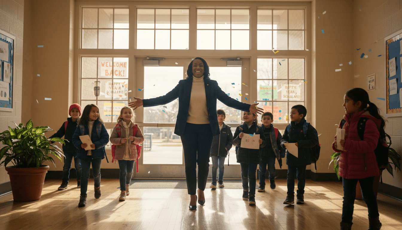 Assistant principal greeting students returning to school in January after winter break