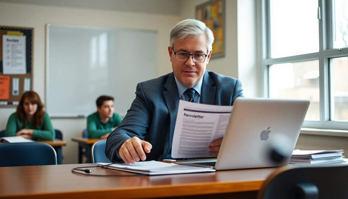 Principal at desk reviewing a January newsletter draft on a laptop