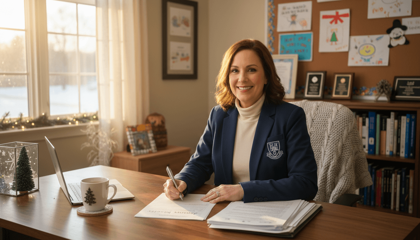 School principal writing January newsletter at desk in winter