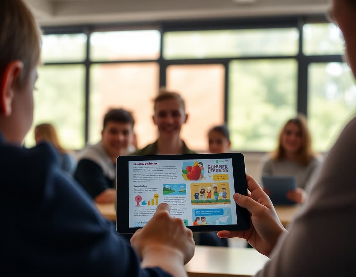 July academic newsletter displayed on a tablet with summer learning graphics