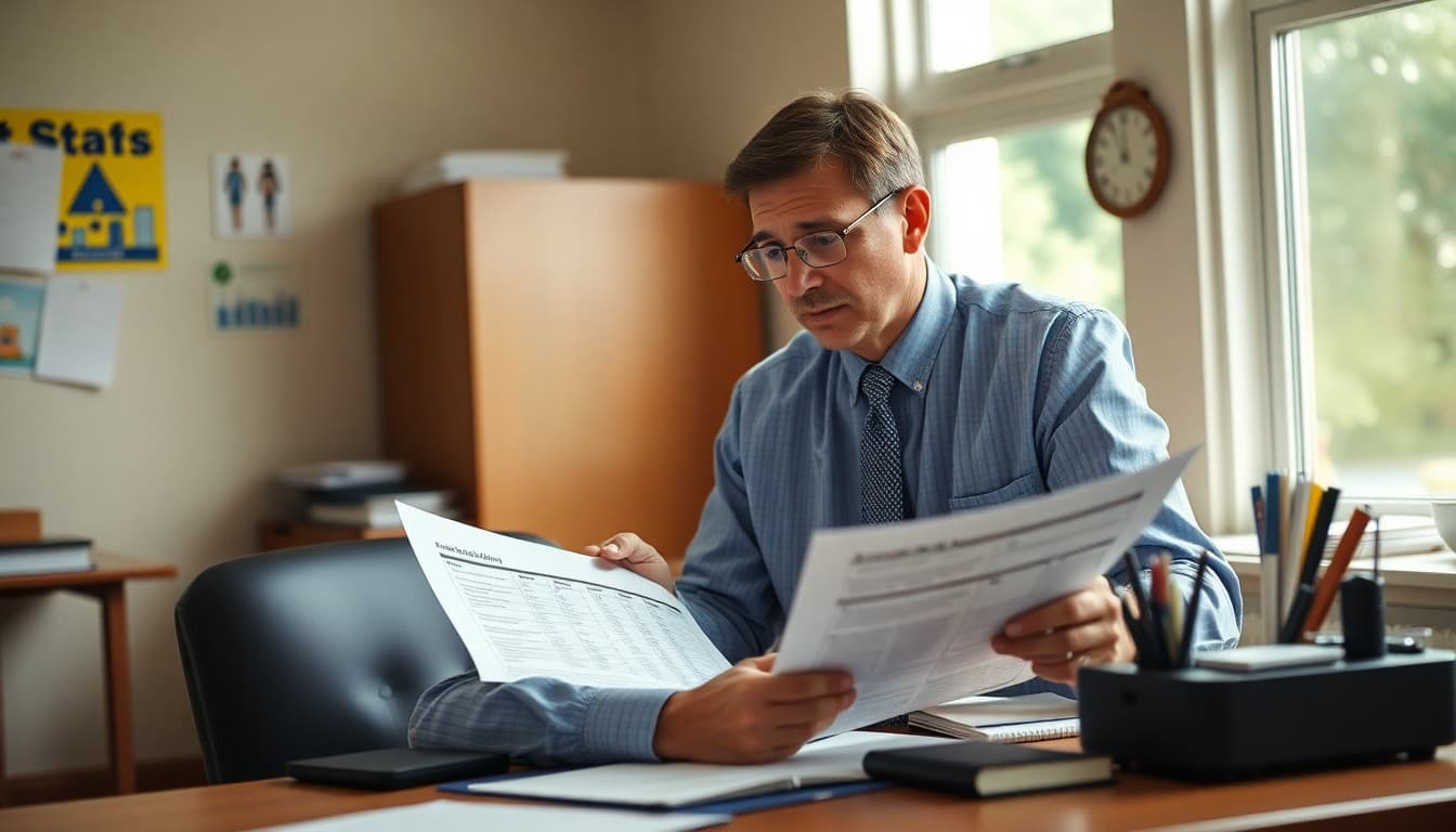 Principal at a summer desk reviewing state assessment results for a July newsletter