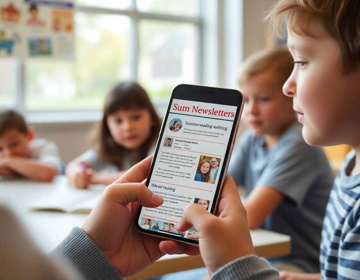 July school community newsletter on a phone with summer reading resources