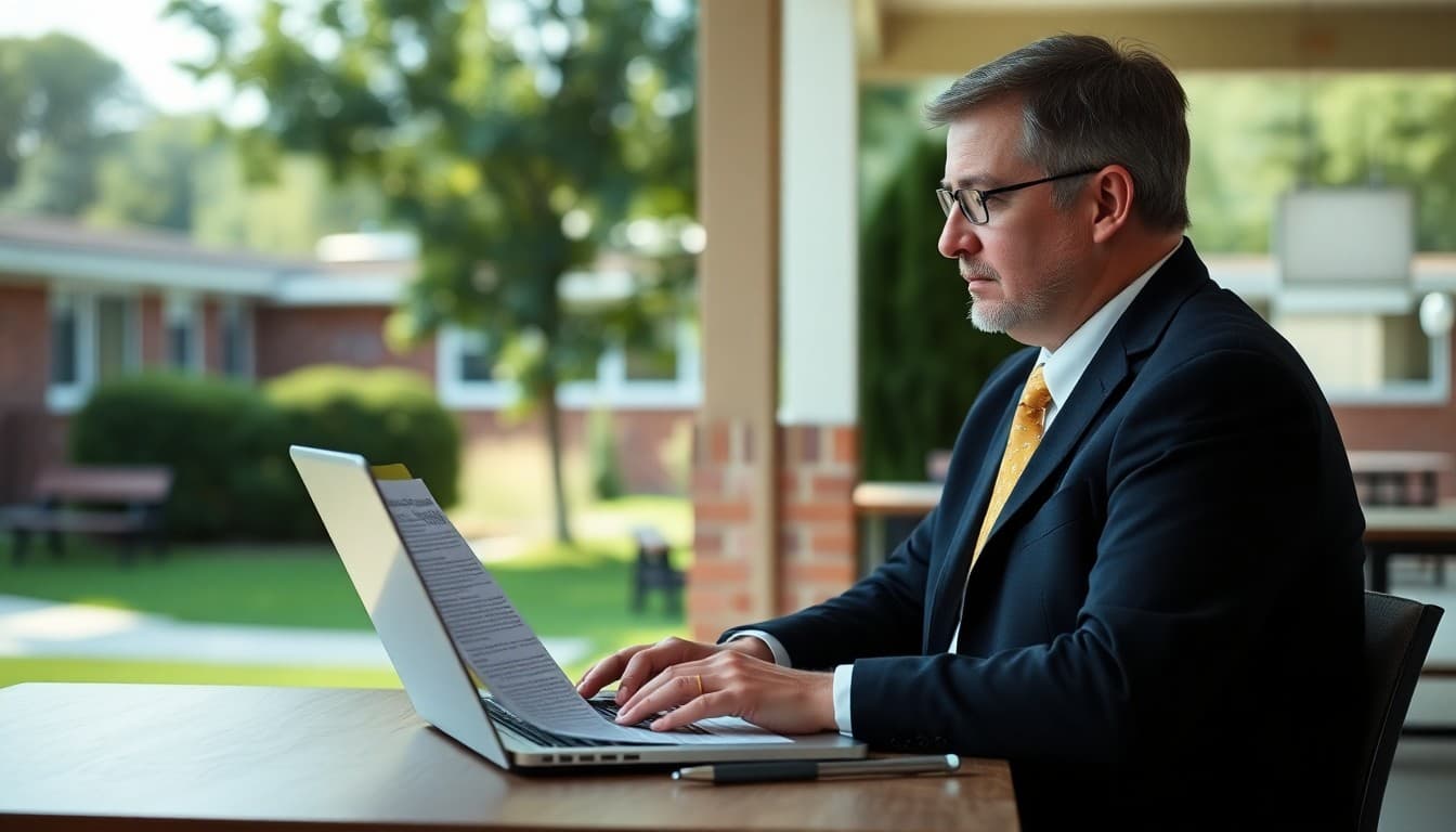 Principal writing a summer community newsletter on a laptop outdoors