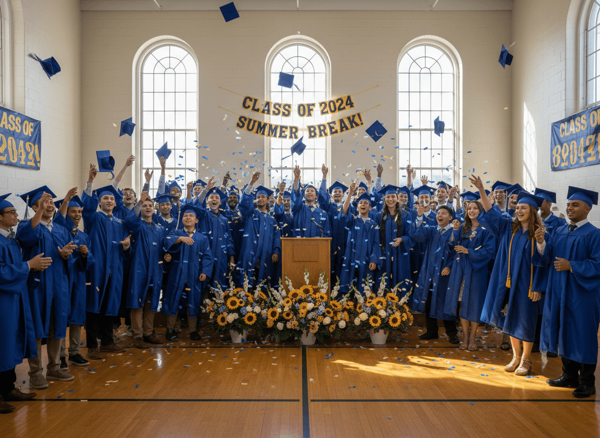 Students at graduation ceremony celebrating end of school year in June