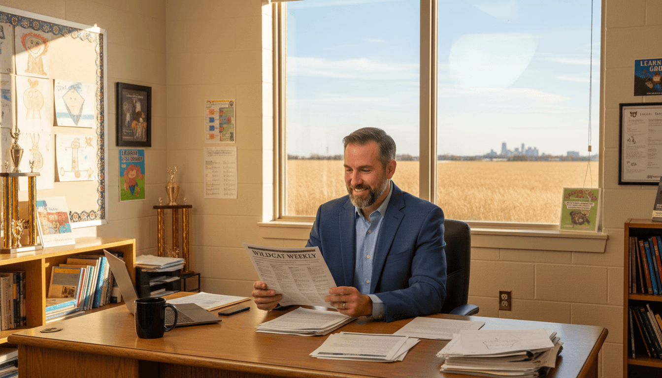 Kansas school principal reviewing newsletter at desk in Wichita area school office with wheat field visible