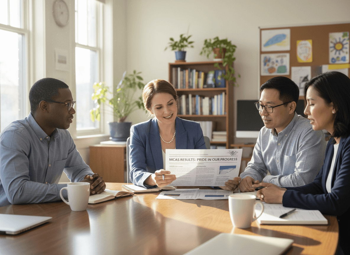 Massachusetts principal reviewing MCAS results newsletter draft with department heads