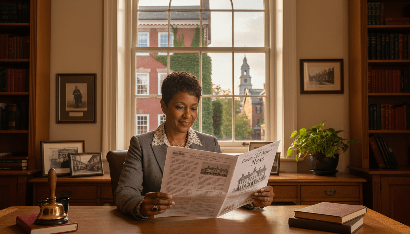 Massachusetts school principal reviewing newsletter at desk in Boston area school with historic building visible