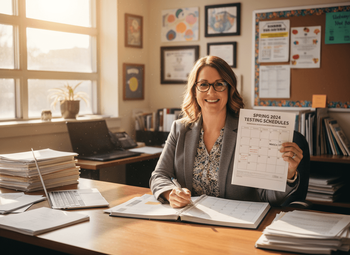 Assistant principal reviewing spring testing schedules at a school desk in March