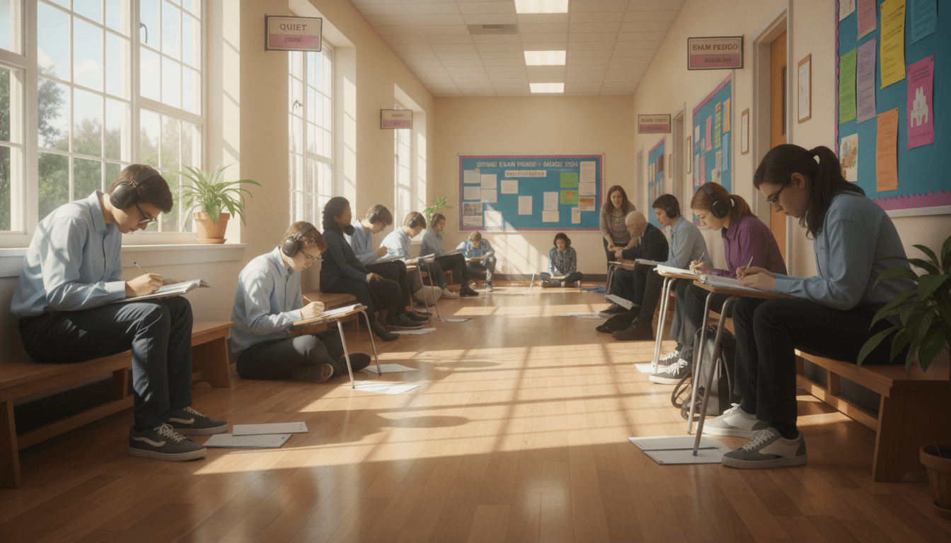 Students sitting in a school hallway during a testing period in March