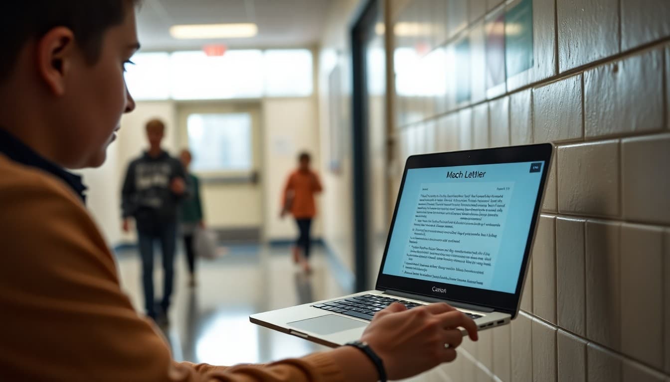 Principal sending a March community message newsletter on a laptop in a school hallway