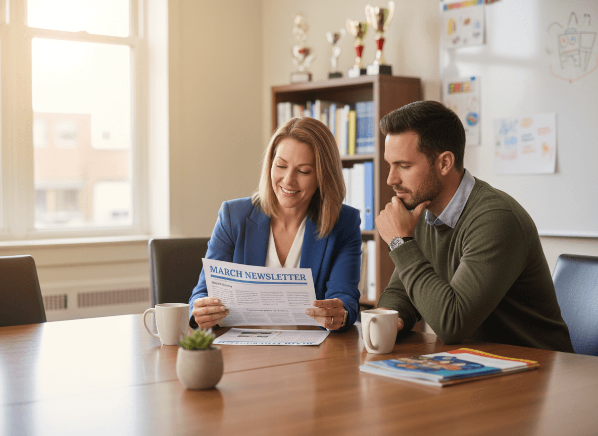 Principal and parent looking at March newsletter together at school conference table