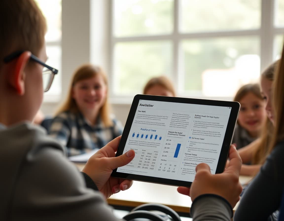May academic update newsletter shown on a tablet with end-of-year data