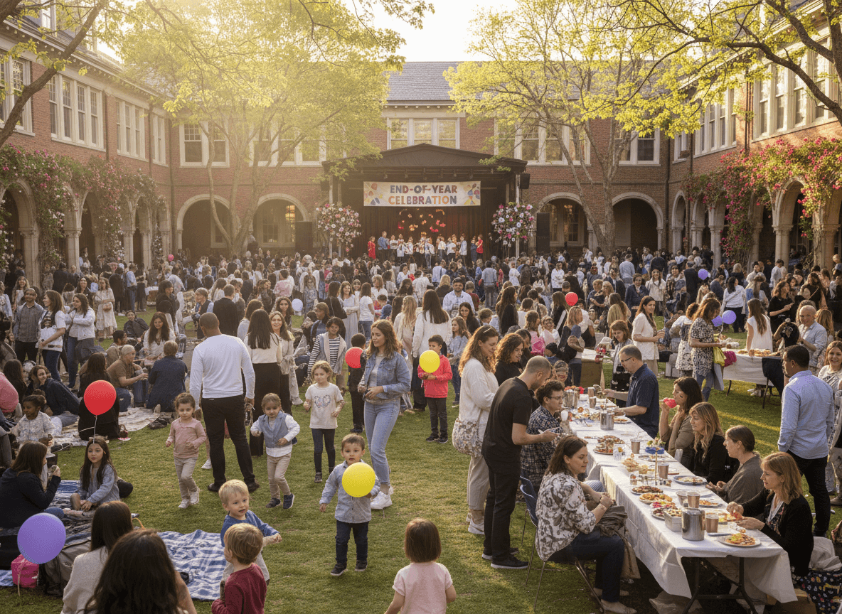 School community gathering at May end-of-year celebration with students and families