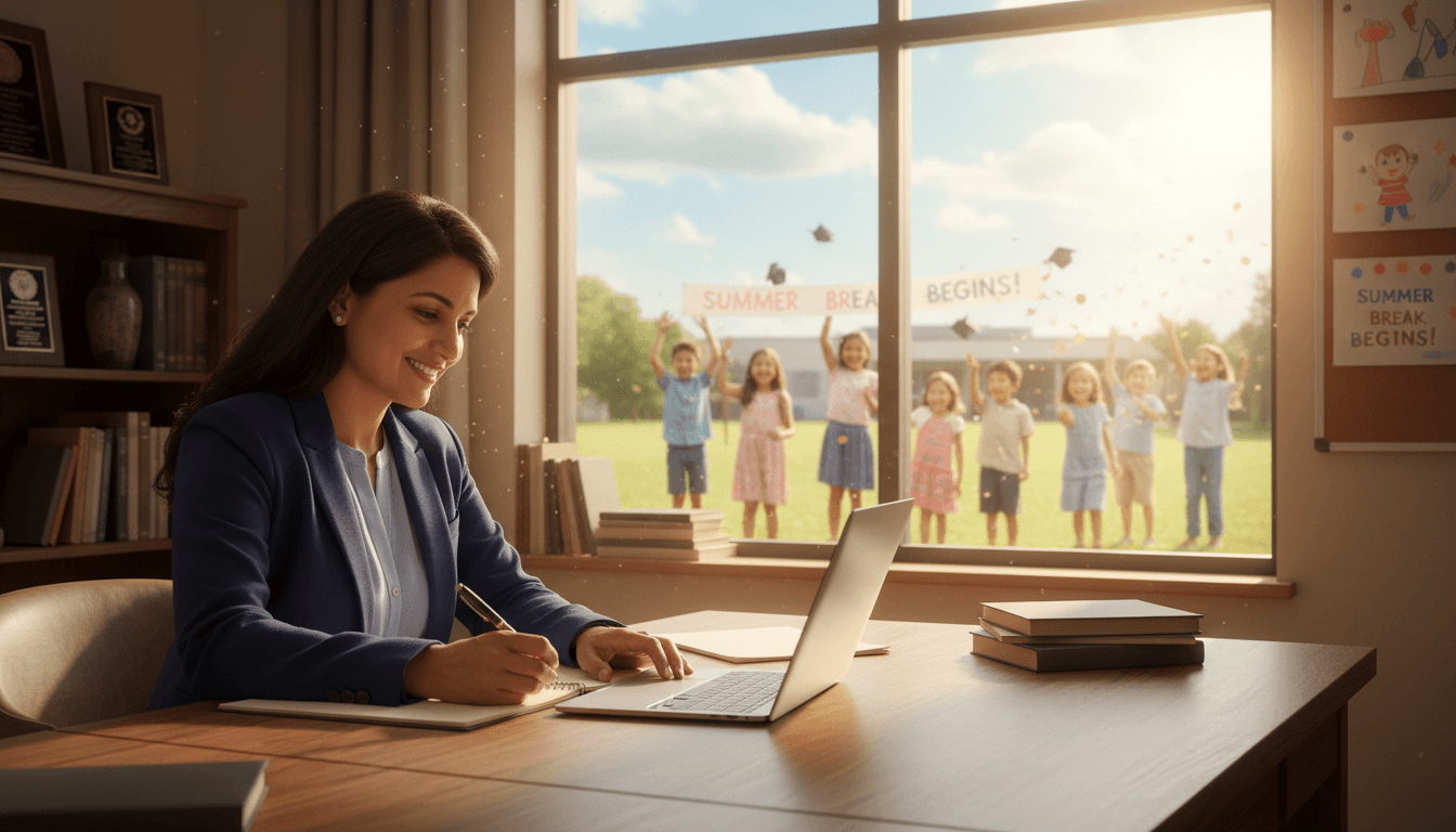 School principal at desk writing final May newsletter as students celebrate outside