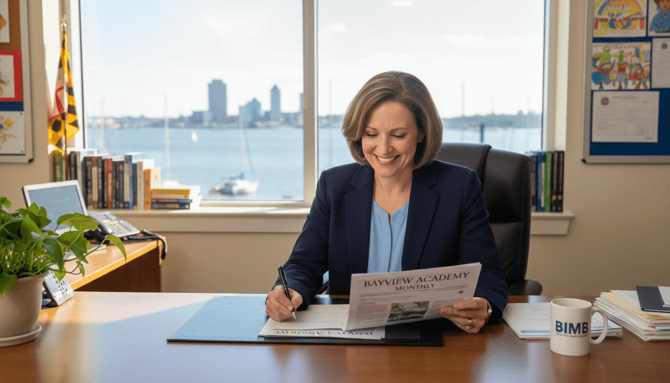 Maryland school principal reviewing newsletter at desk in Baltimore area school office with Chesapeake Bay visible