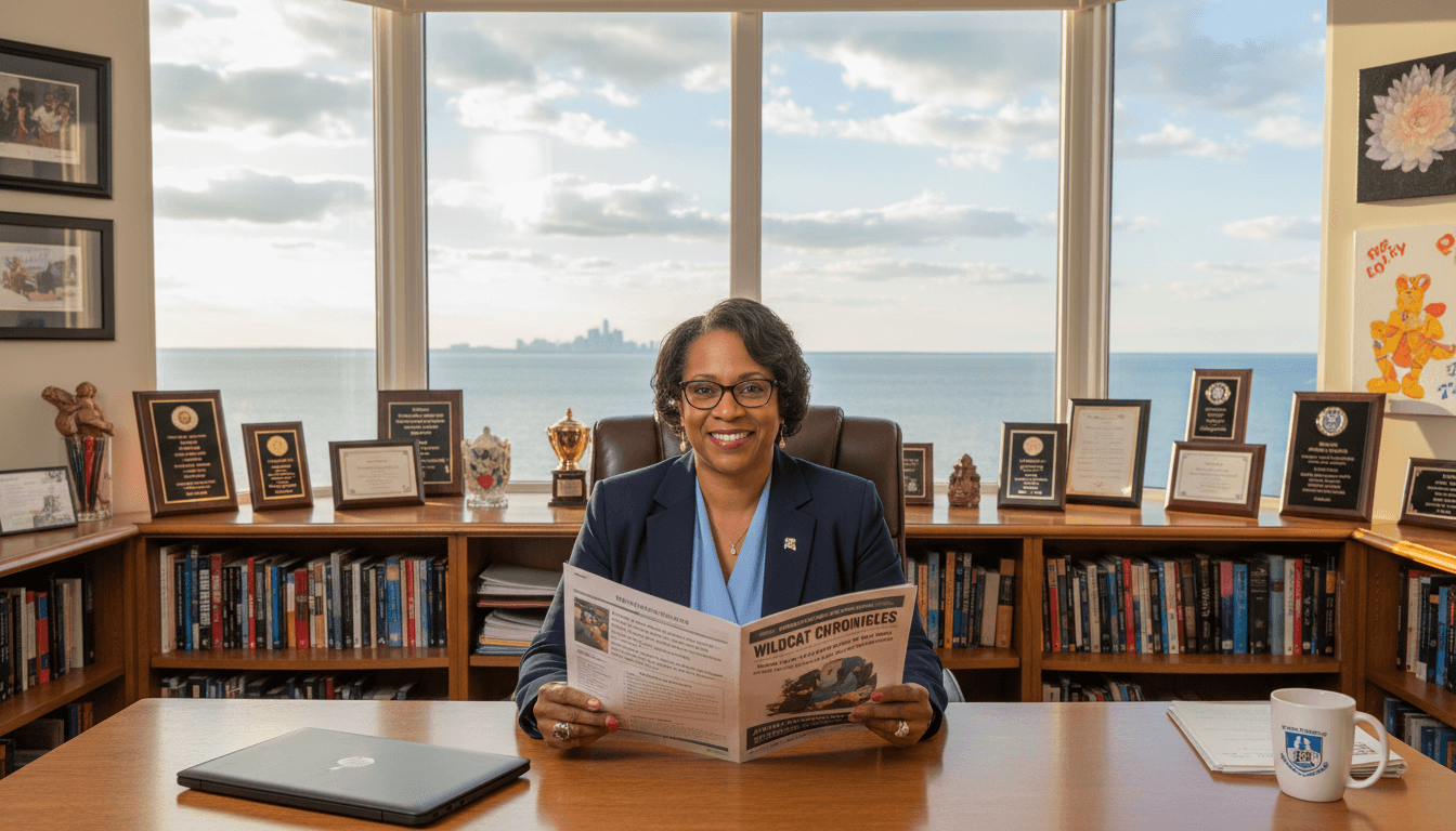 Michigan school principal reviewing newsletter at desk in Detroit area school office with Great Lakes view