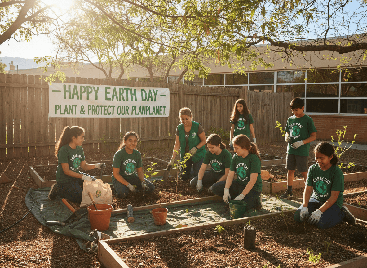 Middle school students planting trees and cleaning up a garden bed for Earth Day