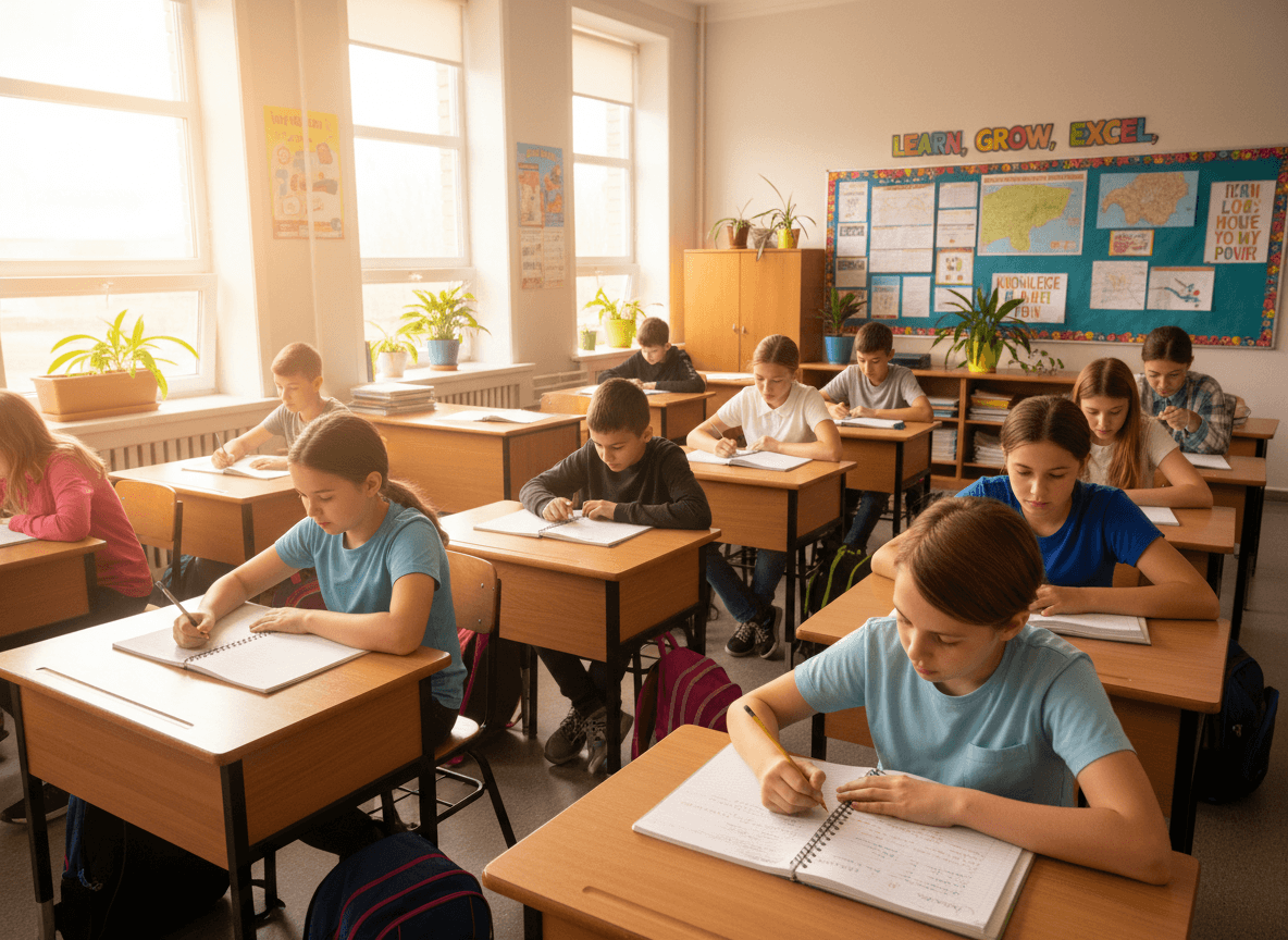 Middle school students reviewing study guides at their desks in preparation for semester final exams