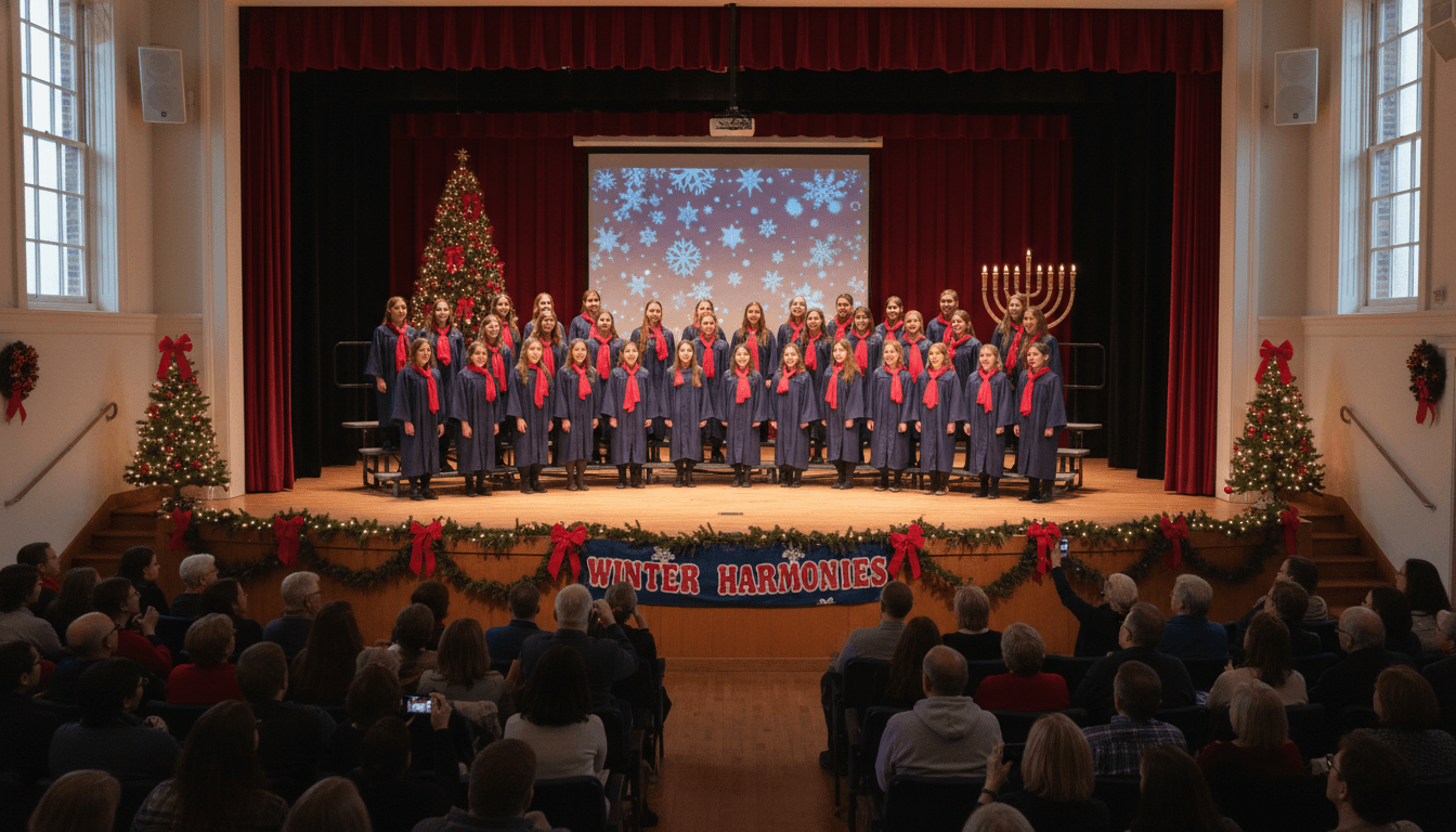 Middle school choir performing at a winter concert on stage with holiday decorations in the school auditorium