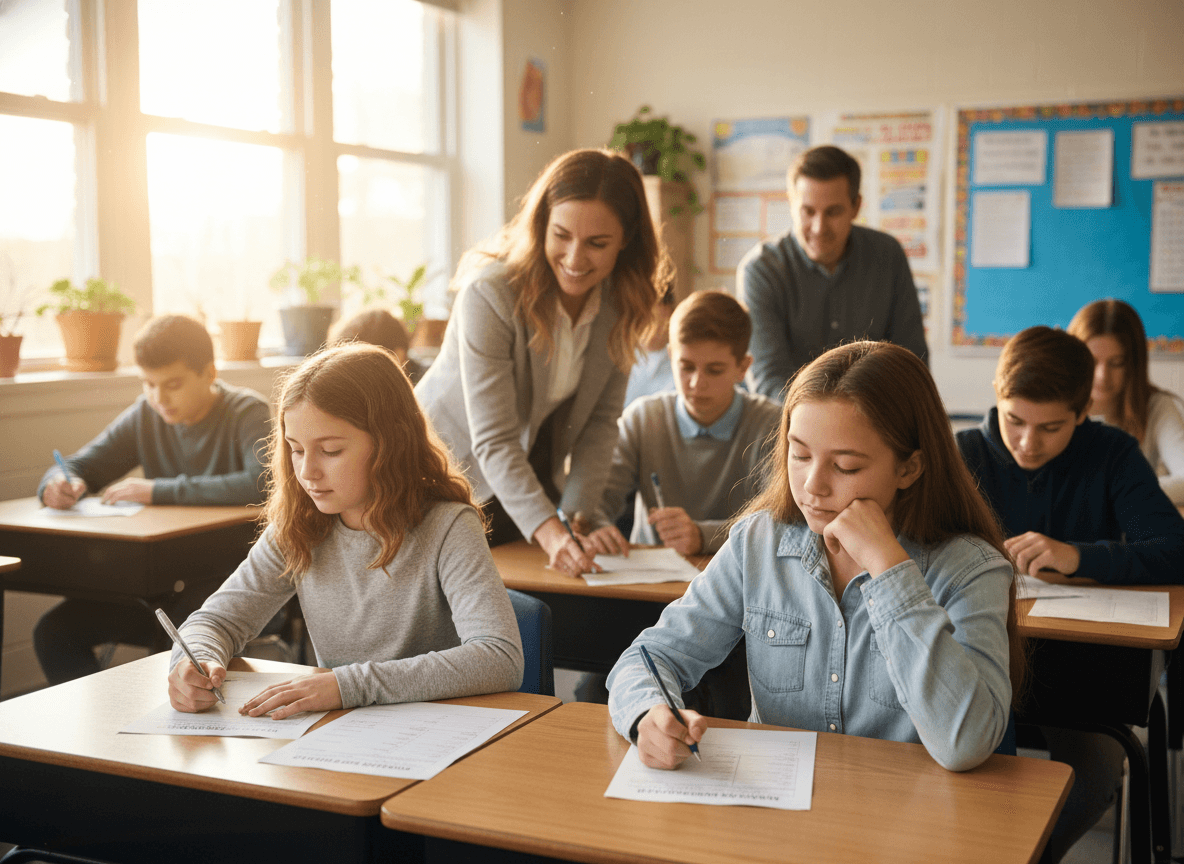 Eighth grade students filling out high school course selection forms at their desks with a counselor nearby