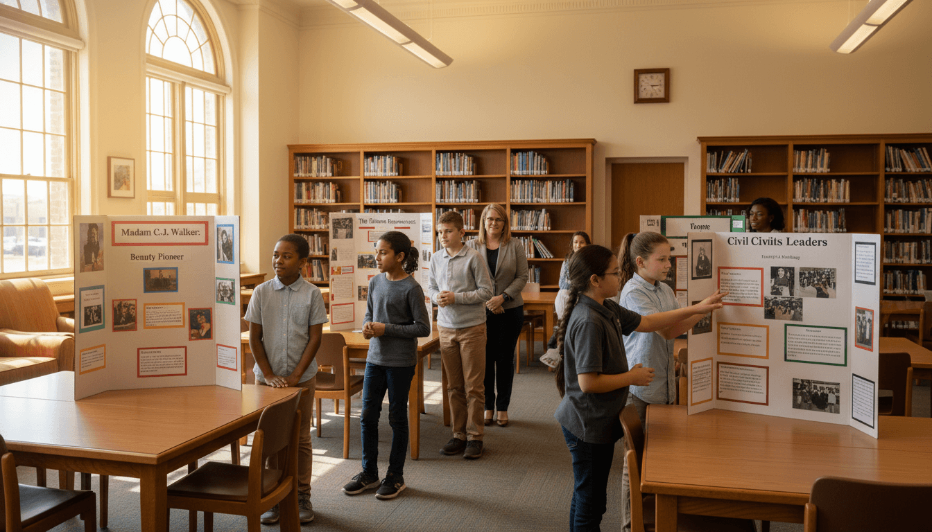 Middle school students presenting Black History Month research projects on display boards in the school library