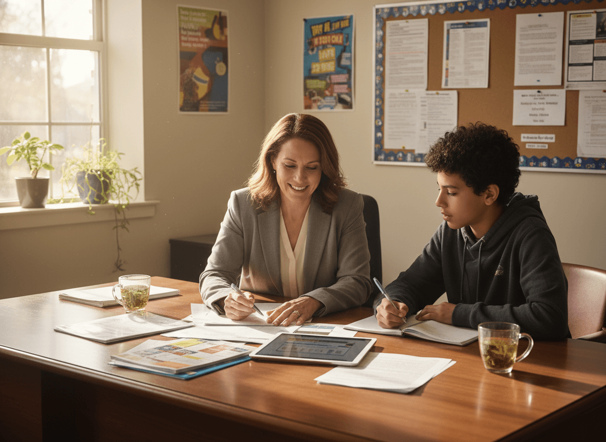 Middle school counselor meeting with an eighth grade student to review high school course selection materials