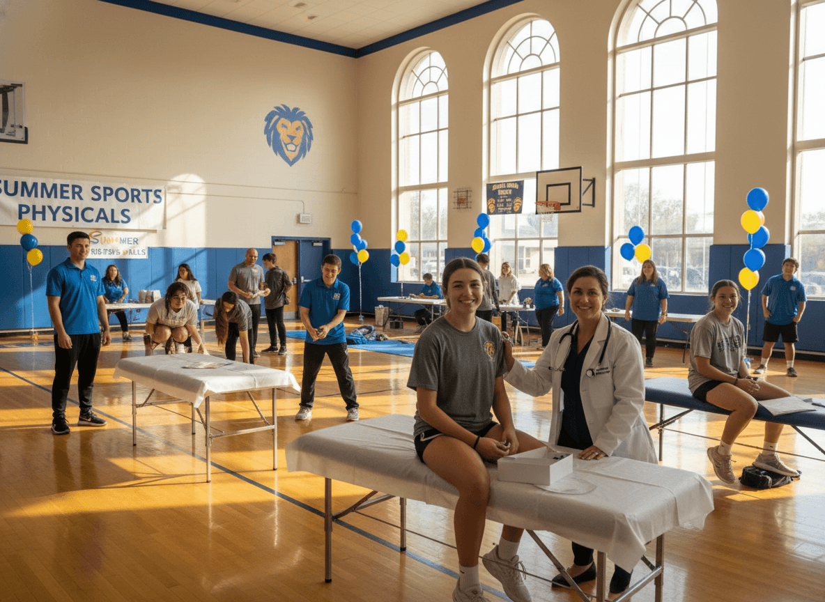 Middle school student athletes at a summer sports physical in a school gymnasium