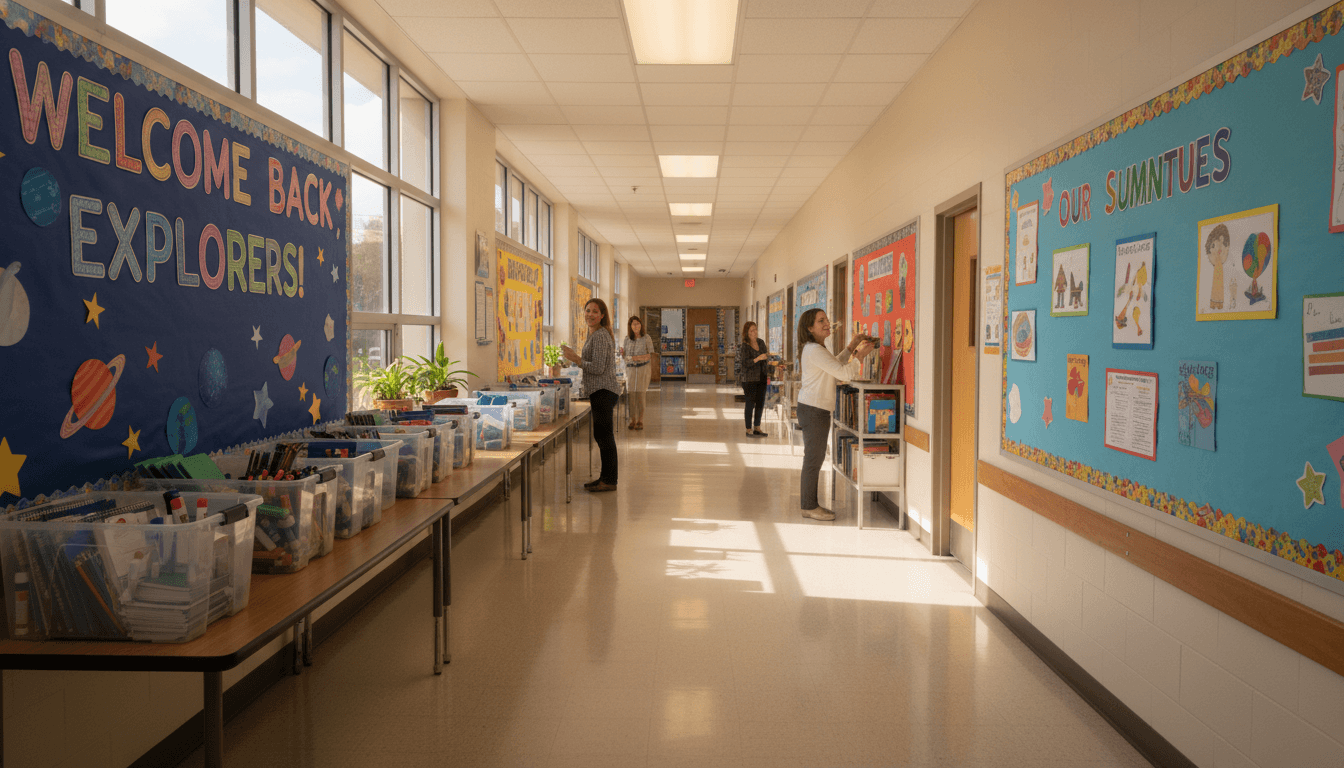 Middle school hallway being prepared for back-to-school with fresh bulletin boards and supply bins