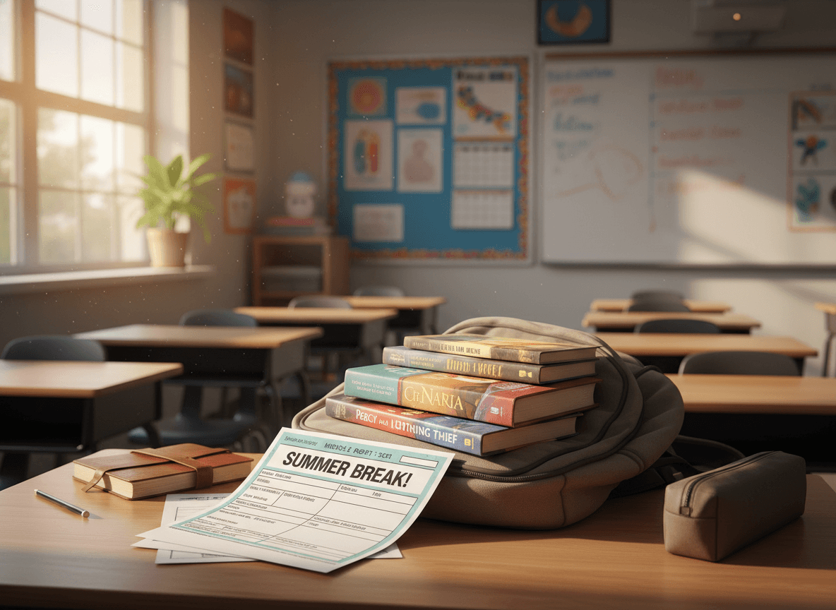 A stack of middle school report cards and a backpack on a desk with summer reading books