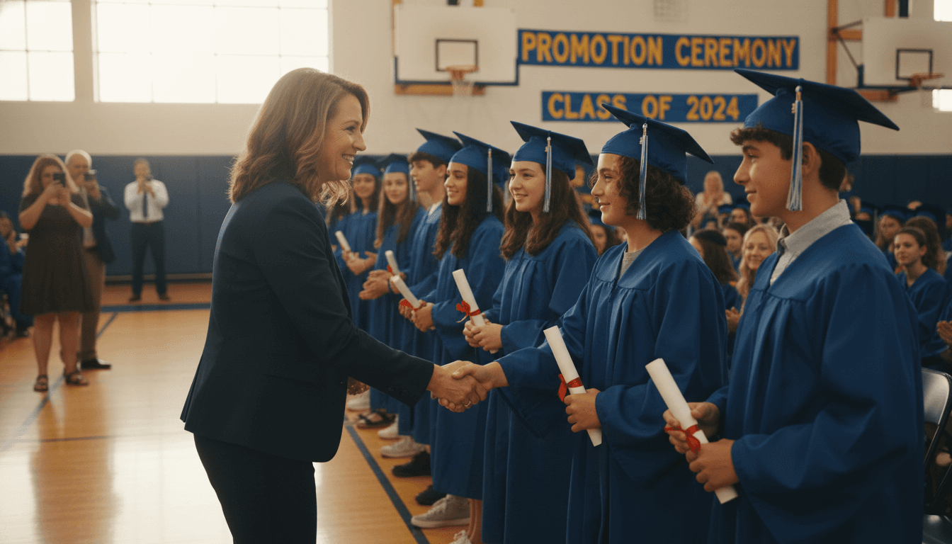 Middle school principal shaking hands with graduating 8th graders at a promotion ceremony in a school gymnasium