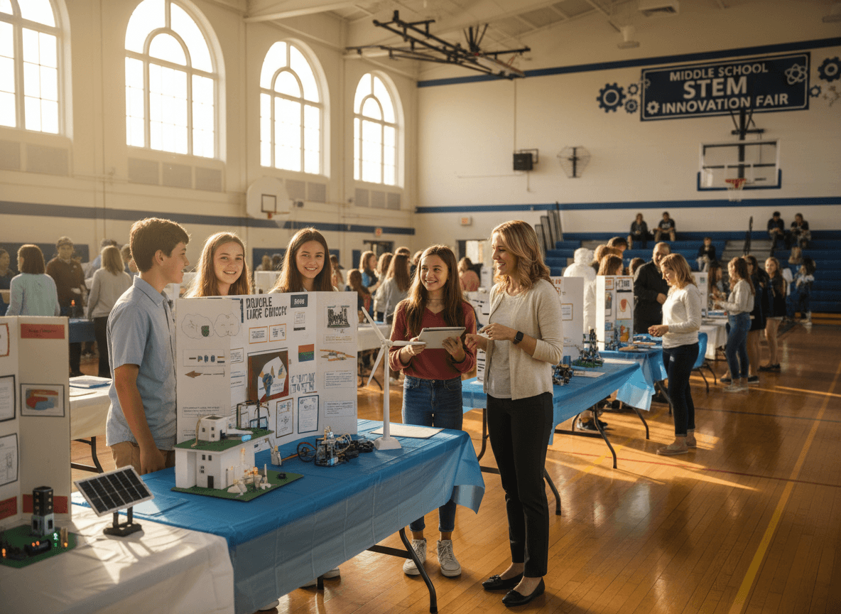 Middle school students presenting projects at a STEM fair in the school gymnasium
