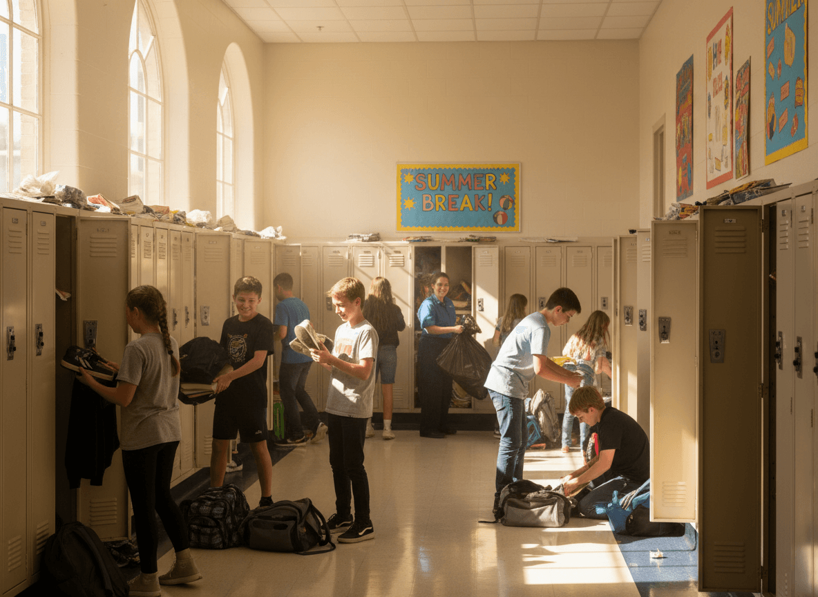 Middle school students cleaning out lockers on the last week of school