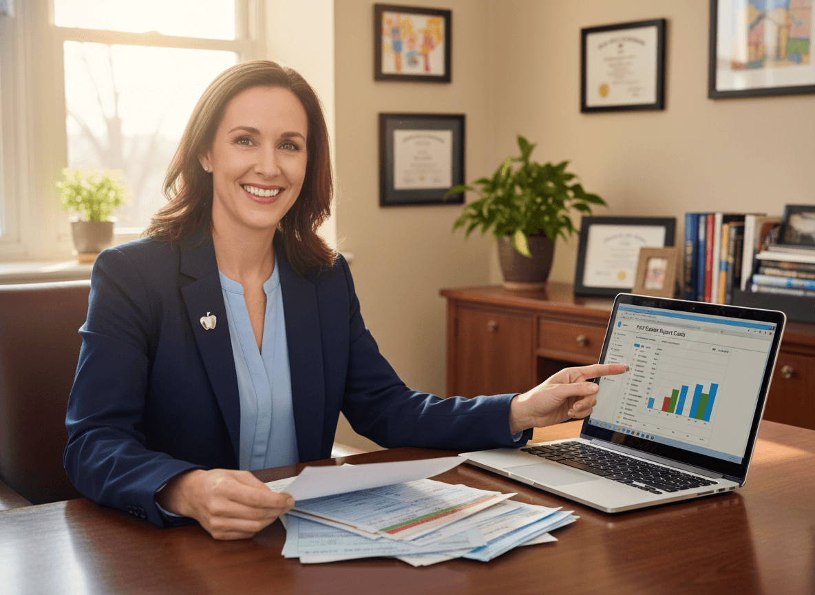 Middle school principal reviewing first quarter report cards at a desk with a laptop open to the student information system
