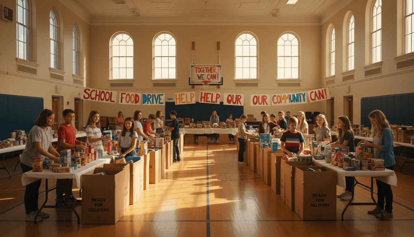 Middle school students organizing food donations for a school food drive in the gymnasium